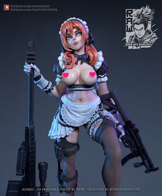Astrid - Sexy Maid with Sniper Rifle | Assassin | 75mm / 120mm | 3 Variants| Resin 3D Printed Pinup | Ronin Arts Workshop