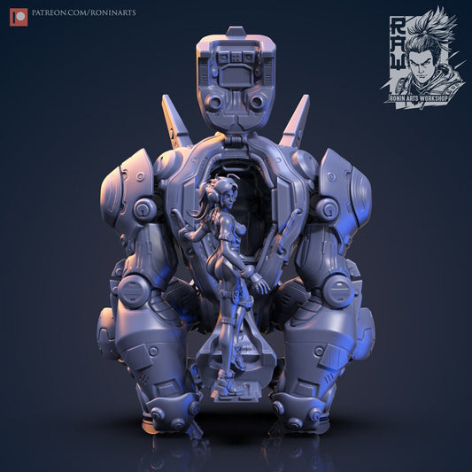 Cyberpunk Girl with Mech | Silverback and Jane | 32mm, 54mm, 75mm Scale | Resin 3D Printed Miniature | Ronin Arts Workshop
