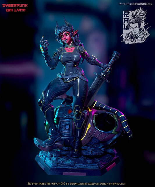 Cyberpunk Oni - Lynn | Pen Holder | Clothed or Nude | Resin 3D Printed Pinup | Ronin Arts Workshop