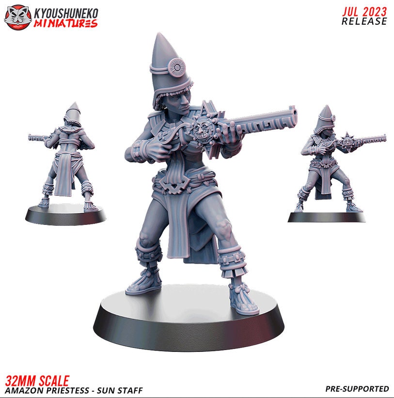 Priestess with Sun Staff | Amazons | Resin 3D Printed Miniatures | Kyoushuneko | Table Top Gaming | RPG | D&D | Pathfinder