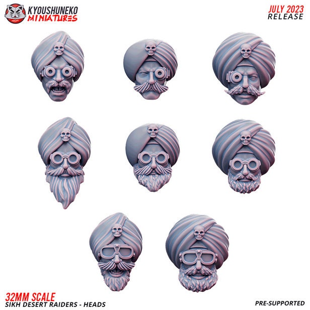 Sikh Desert Raider Heads | Grimdark Sci-Fi Tabletop Gaming | Resin 3D Printed Miniature | Kyoushuneko