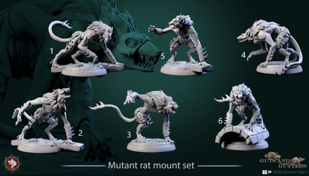 Mutant Rat Mount Set | Guts And Gutters | Resin 3D Printed Miniature | White Werewolf Tavern | RPG | D&D | DnD