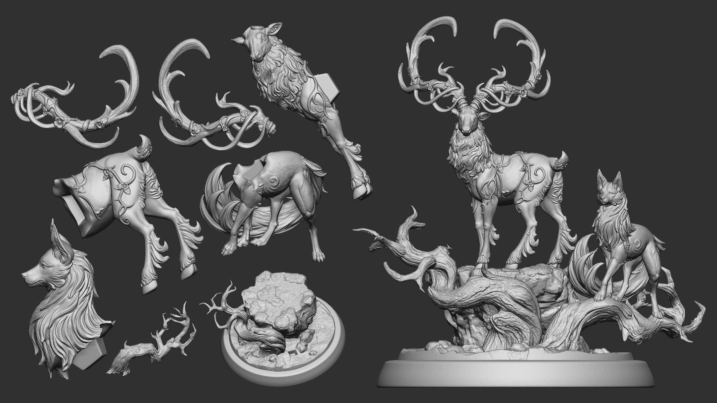 Magic Deer and Magic Fox | Prairie Legends | Multiple Scales | Resin 3D Printed Miniature | White Werewolf Tavern | RPG | D&D | DnD