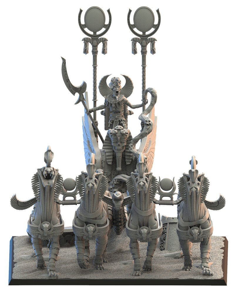 Pharaoh Akhenaten on Sta Chariot | Undying Dynasties | Lost Kingdom Miniatures | Warhammer Proxy | Kings of War | RPG | D&D | Tabletop