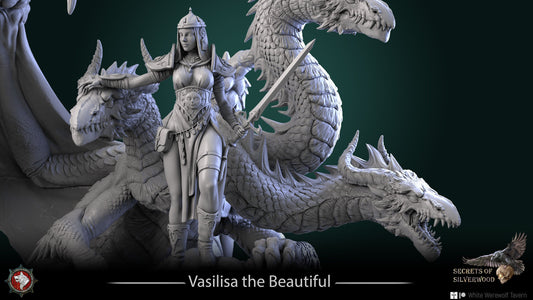 Vasilisa the Beutiful with Three Head Dragon | Secrets of Silverwood | Multiple Scales | Resin 3D Printed Miniature | White Werewolf Tavern