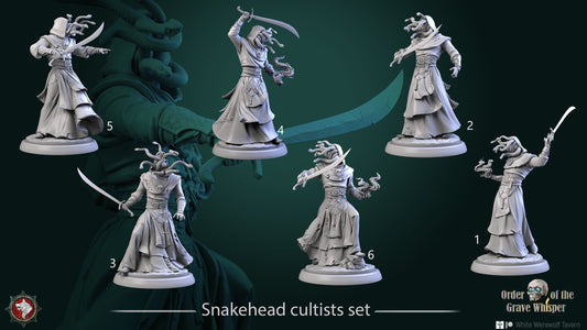 Snakehead Cultists Set | Six Poses | Order Of The Grave Whisper | Resin 3D Printed Miniature | White Werewolf Tavern