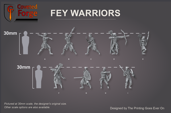 Courts of Gwynavyr fey wood elf army, 3D printed resin miniatures, shown beside a 30mm human silhouette for scale