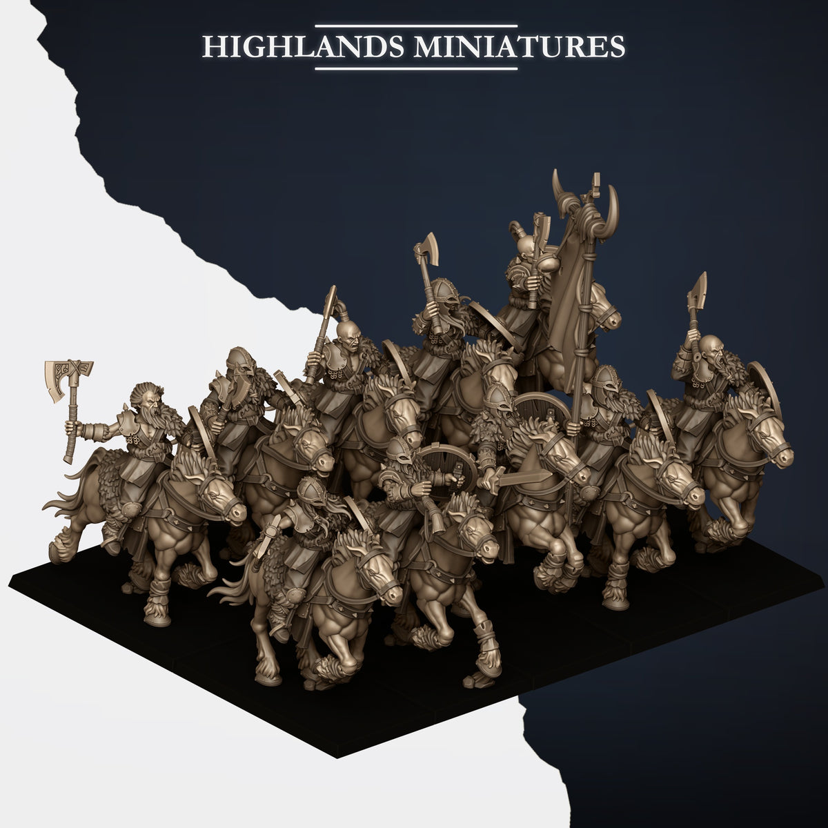 Mounted Norse Raiders ranked as a unit with captain, bannerman and musician, front view, resin miniatures by Highlands Miniatures
