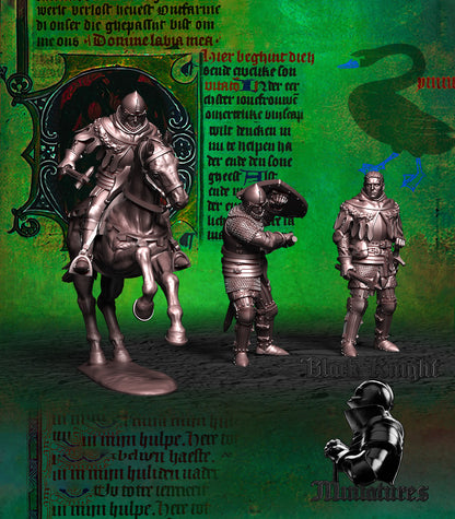 Hero of Skalitz in three versions, mounted for battle, on foot with sword and heater shield, and bareheaded, front view, resin miniatures by Black Knight Miniatures