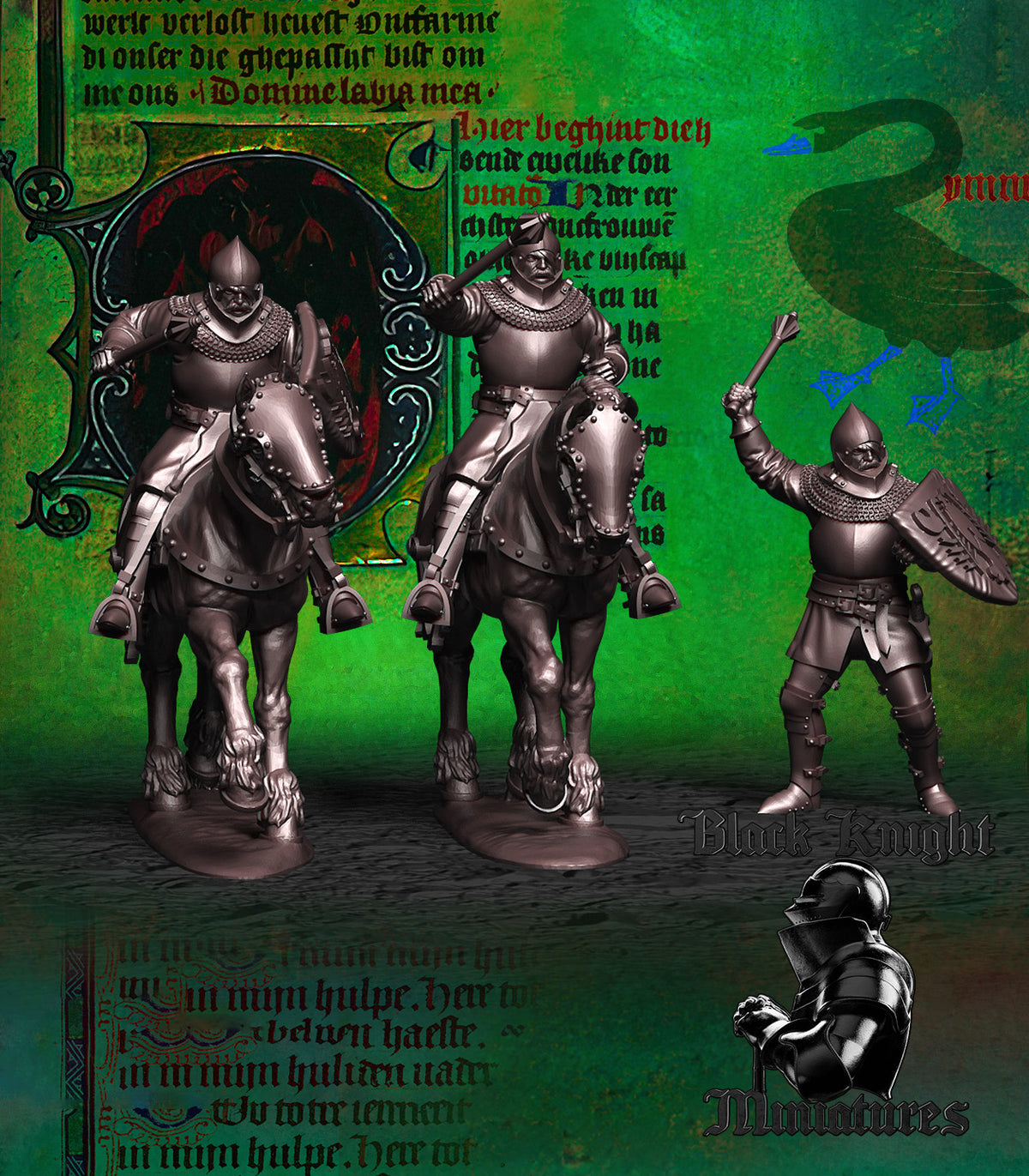 Jan Zizka in three versions, mounted at the walk, mounted for battle and on foot with mace and shield, front view, resin miniatures by Black Knight Miniatures