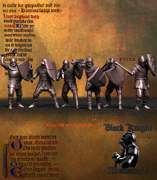 Early 15th Century Men-at-Arms with Axes, the six armoured axemen with heater shields ranked as a unit, front view, resin miniatures by Black Knight Miniatures