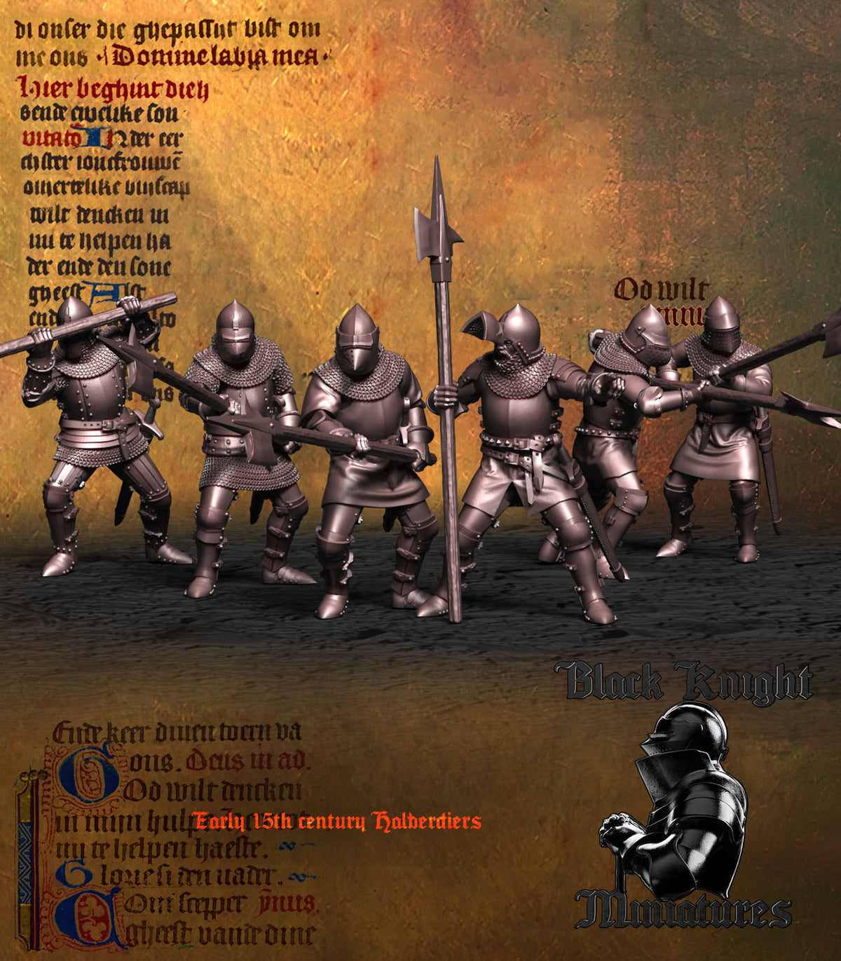 Early 15th Century Halberdiers, the six armoured halberdiers ranked as a unit, front view, resin miniatures by Black Knight Miniatures