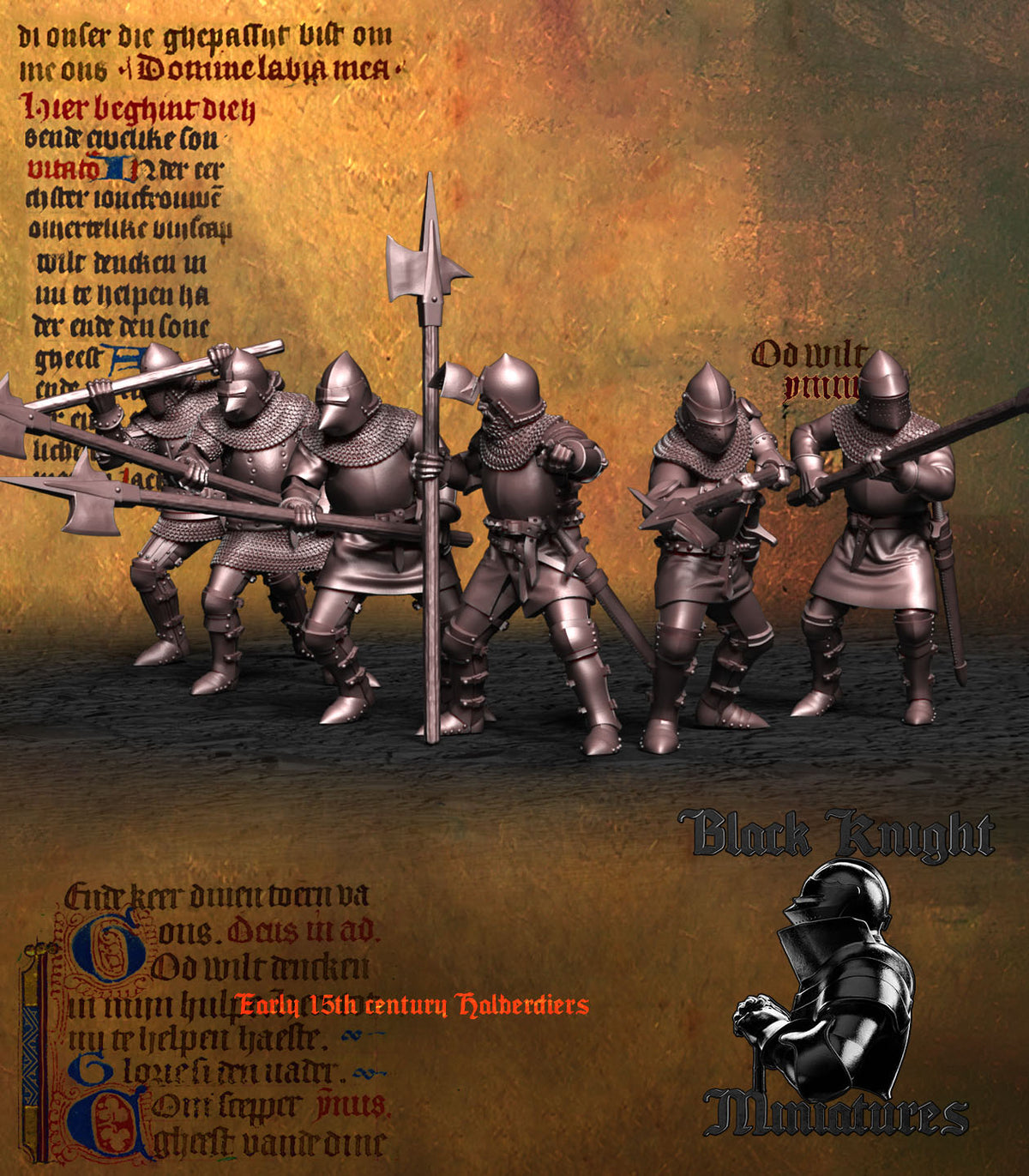 Early 15th Century Halberdiers unit, three-quarter view from the left, Black Knight Miniatures render