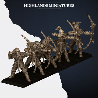 Norse Bowmen ranked as a unit of five, front view, resin miniatures by Highlands Miniatures