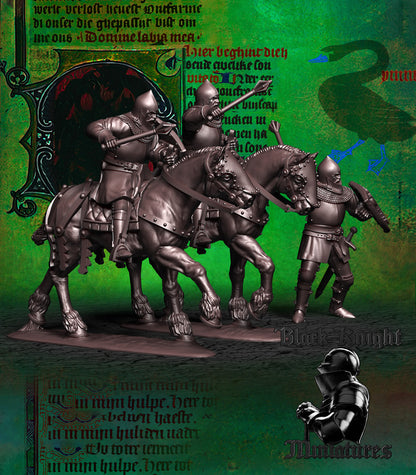 Jan Zizka, the two mounted versions and the foot version from the left side, Black Knight Miniatures render
