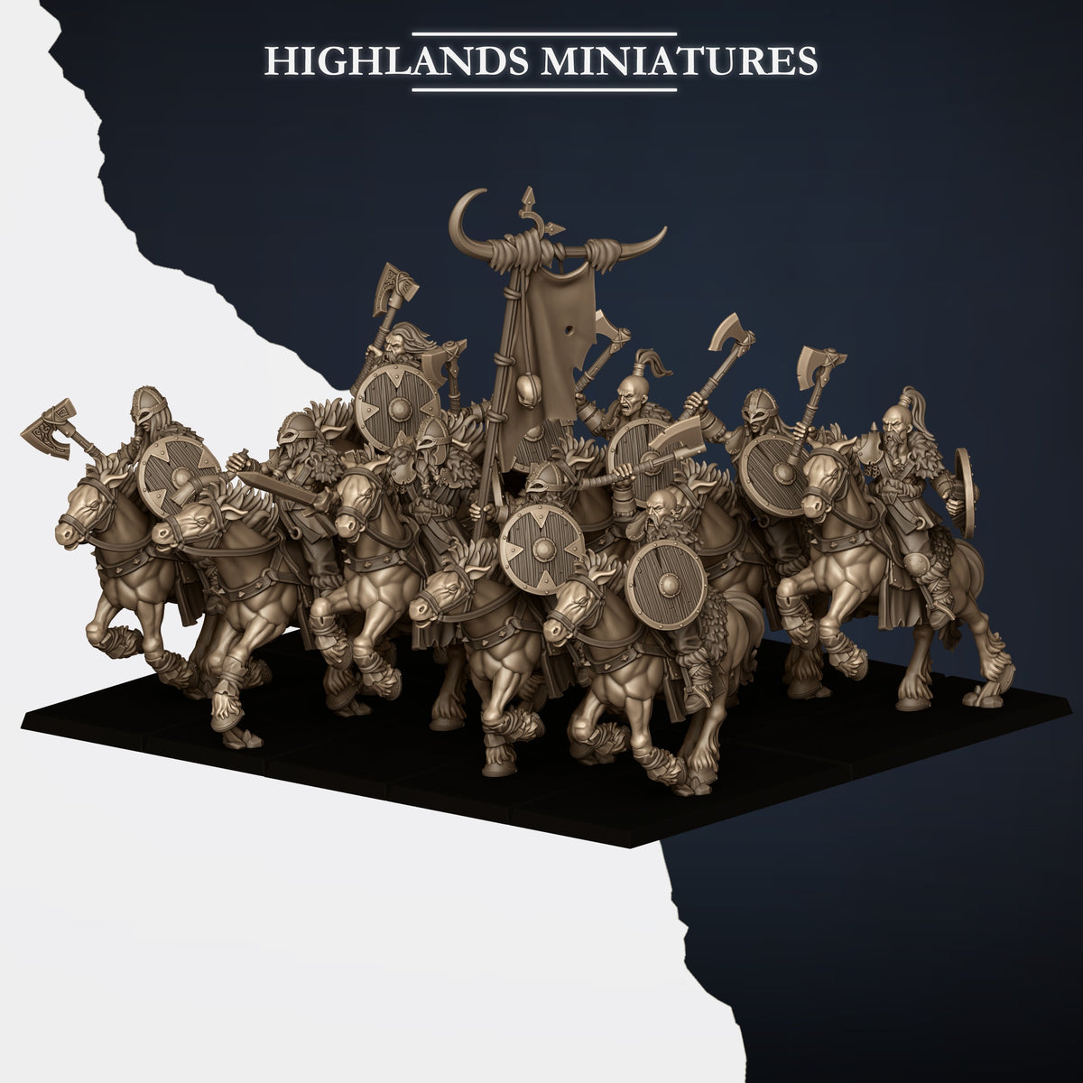 Mounted Norse Raiders command group in a ranked unit, three-quarter view, Highlands Miniatures render