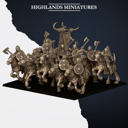 Mounted Norse Raiders command group in a ranked unit, three-quarter view, Highlands Miniatures render