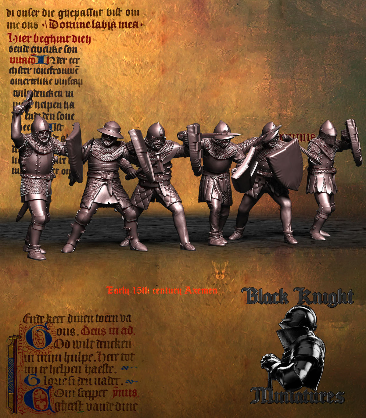Early 15th Century Men-at-Arms with Axes unit with the shields turned, three-quarter view, Black Knight Miniatures render