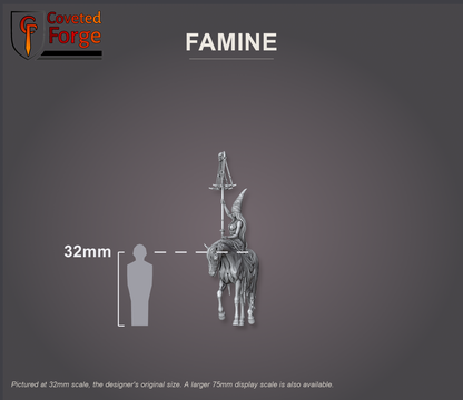 Famine at 32mm scale shown beside a 32mm human silhouette for scale reference; a larger 75mm display scale is also offered.