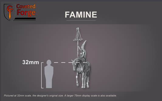 Famine at 32mm scale shown beside a 32mm human silhouette for scale reference; a larger 75mm display scale is also offered.