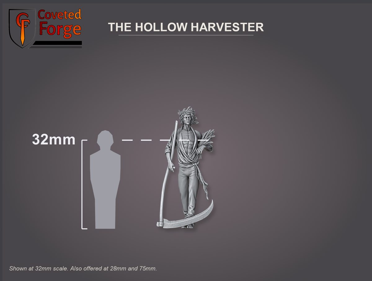 The Hollow Harvester at 32mm scale shown beside a 32mm human silhouette for scale reference; a larger 75mm display scale is also offered.