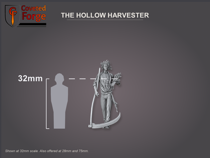 The Hollow Harvester at 32mm scale shown beside a 32mm human silhouette for scale reference; a larger 75mm display scale is also offered.