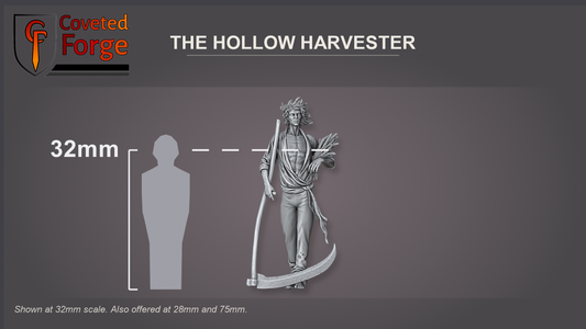 The Hollow Harvester at 32mm scale shown beside a 32mm human silhouette for scale reference; a larger 75mm display scale is also offered.