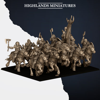 Mounted Norse Raiders unit with command, three-quarter view from the right, Highlands Miniatures render