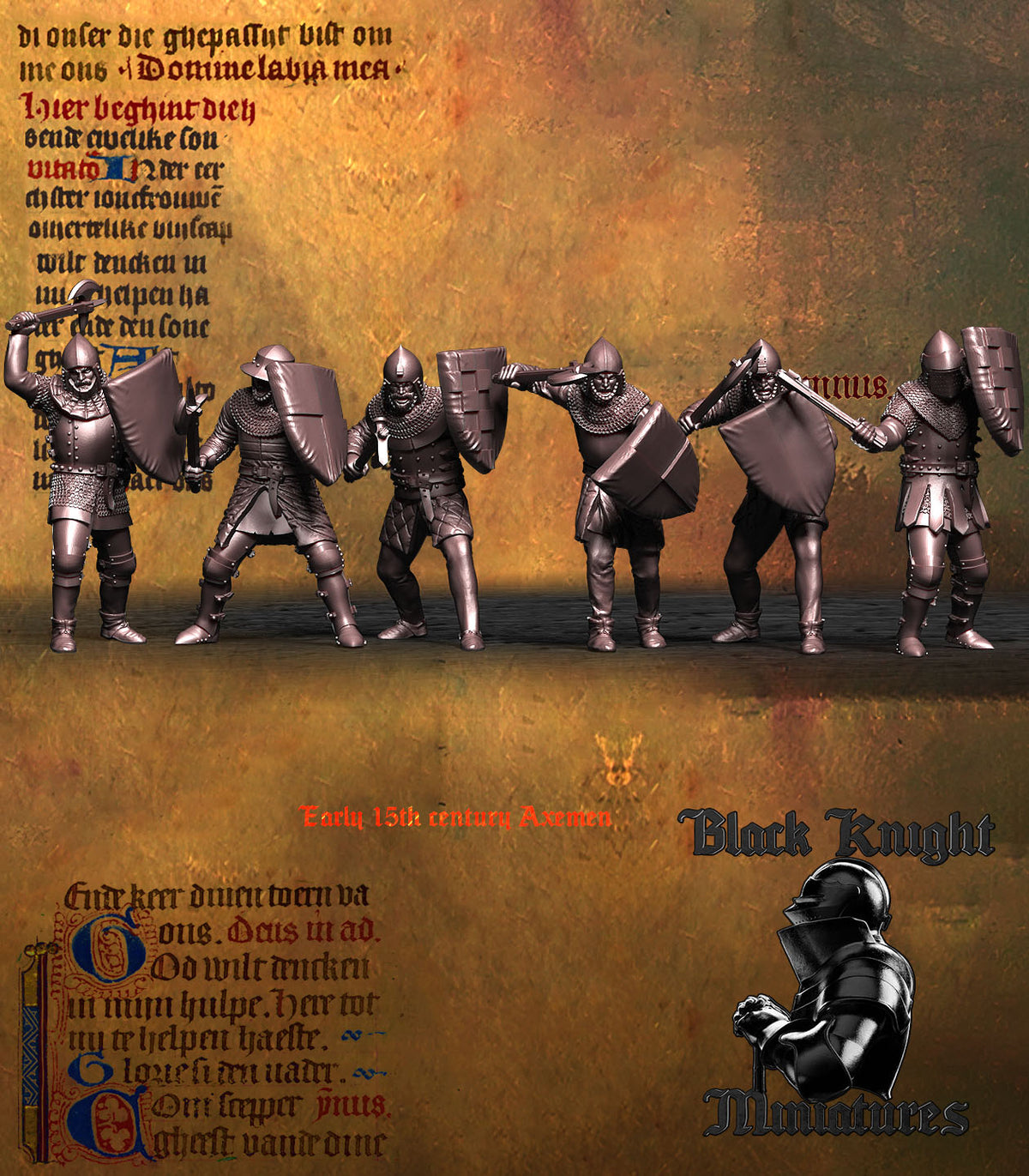 Early 15th Century Men-at-Arms with Axes unit, front view with shields raised, Black Knight Miniatures render