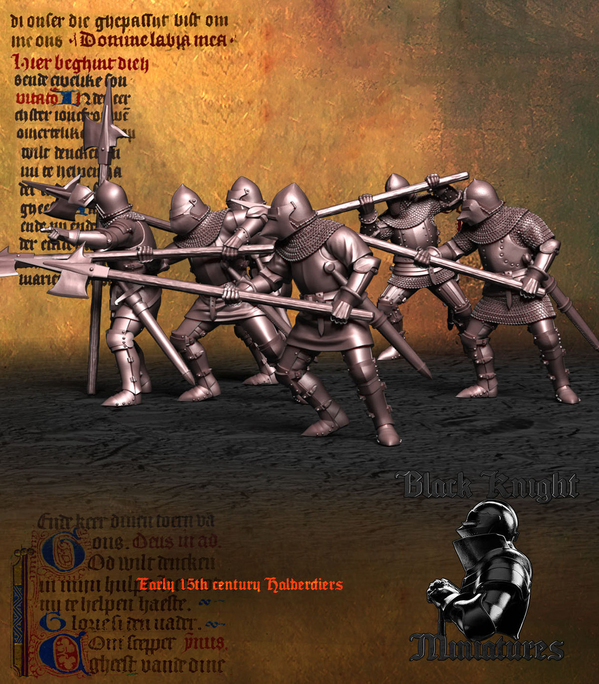 Early 15th Century Halberdiers unit, three-quarter view from the right, Black Knight Miniatures render