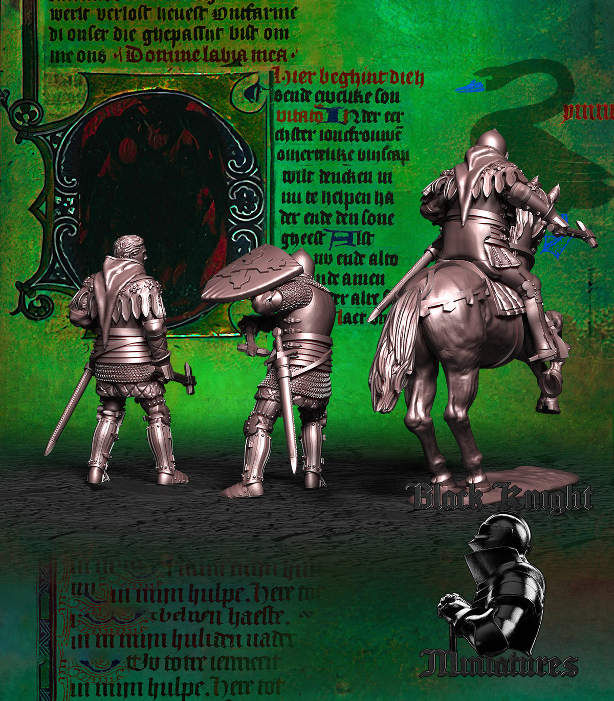 Hero of Skalitz, rear view of the three versions showing the surcoat, the Leipa heater shield and the horse, Black Knight Miniatures render