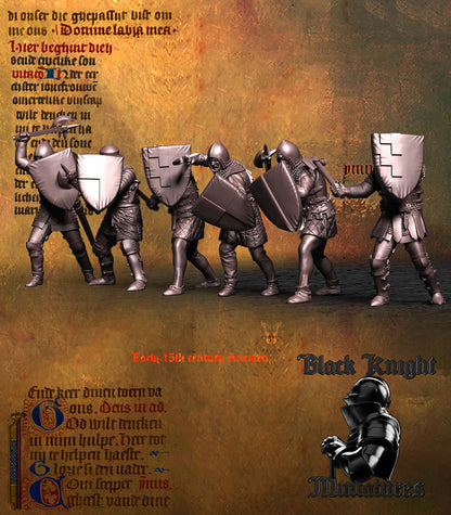 Early 15th Century Men-at-Arms with Axes unit, rear view showing the shield backs and straps, Black Knight Miniatures render