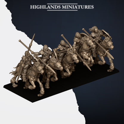 Mounted Norse Raiders with spears ranked as a unit, front view, Highlands Miniatures render