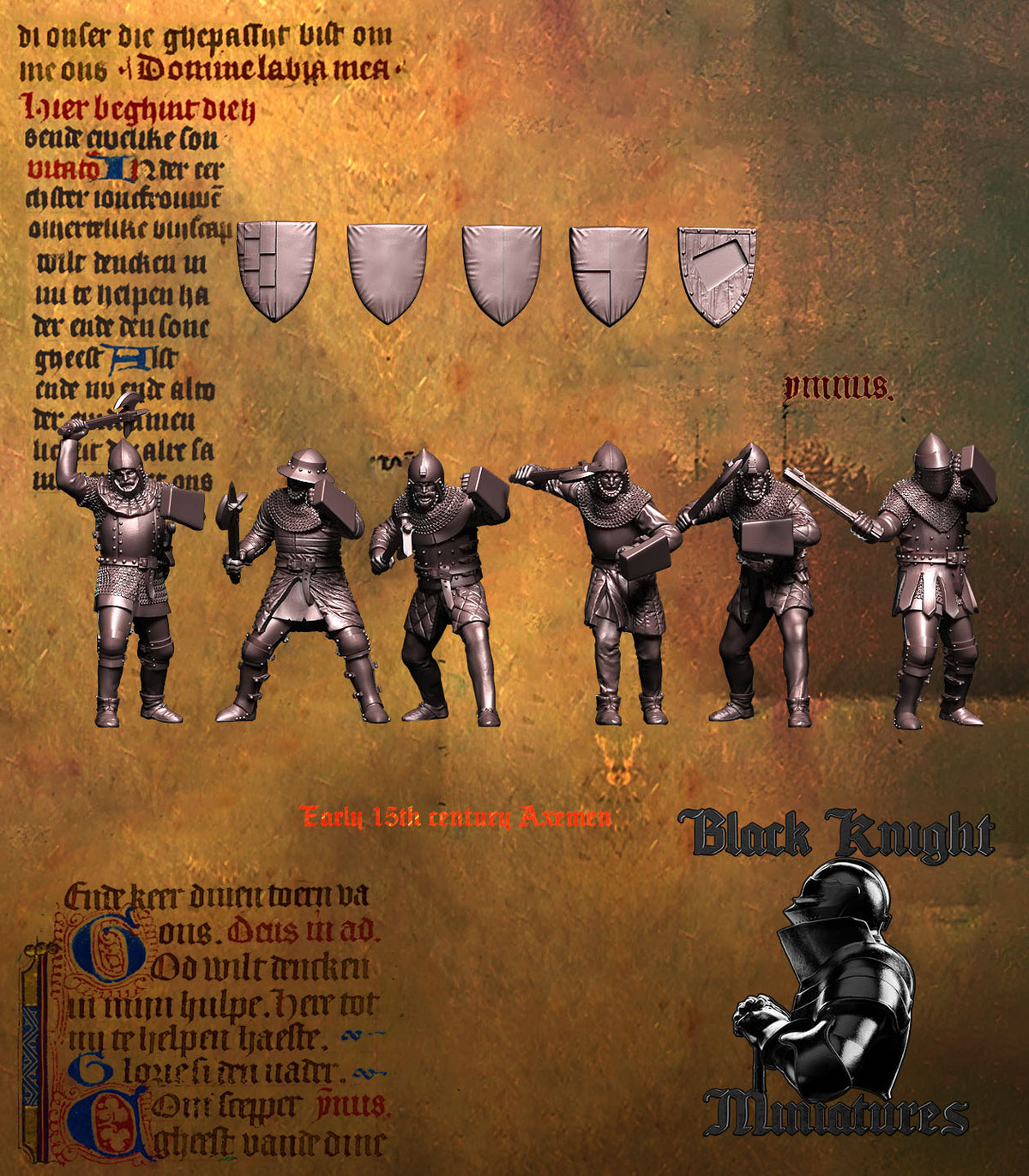 Early 15th Century Men-at-Arms with Axes bodies without shields, with the shield designs above, Black Knight Miniatures render