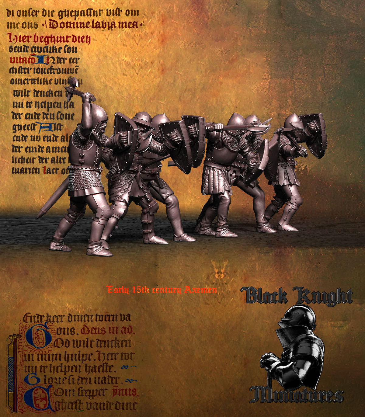 Early 15th Century Men-at-Arms with Axes unit advancing, view from the left flank, Black Knight Miniatures render