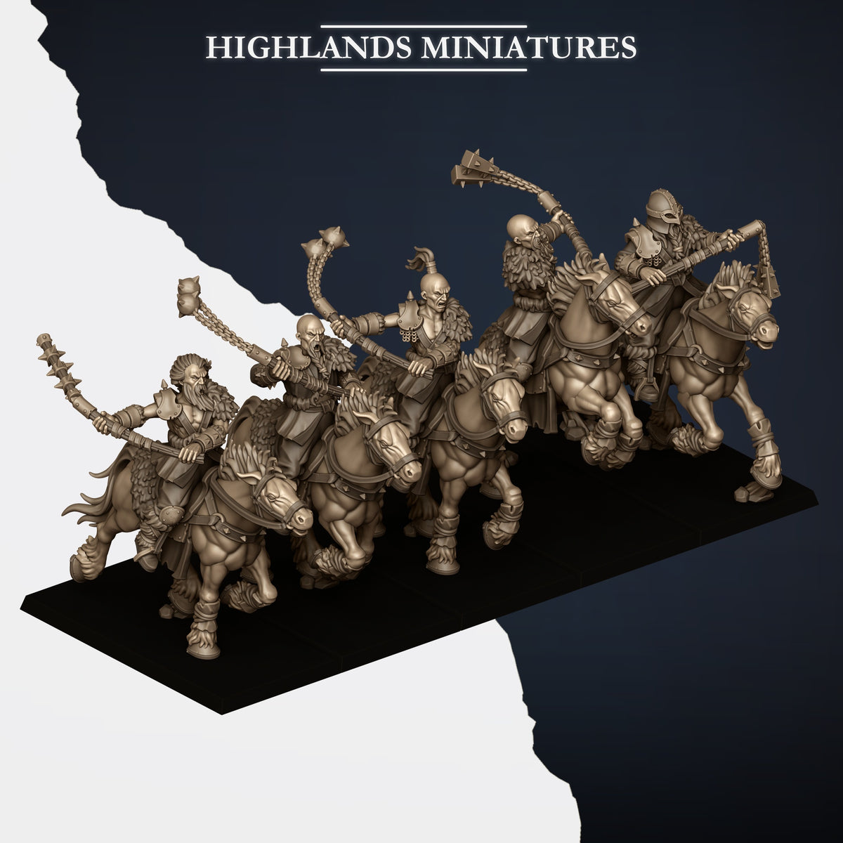 Mounted Norse Raiders command group leading the two-handed unit, front view, Highlands Miniatures render