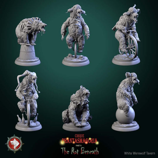 Render of The Rotting Riders | 32mm Undead Circus Bear Miniatures: Six patchwork undead circus bears on unicycles and carnival props, from White Werewolf's The Rot Beneath. 32mm 3D printed resin, single or full set.