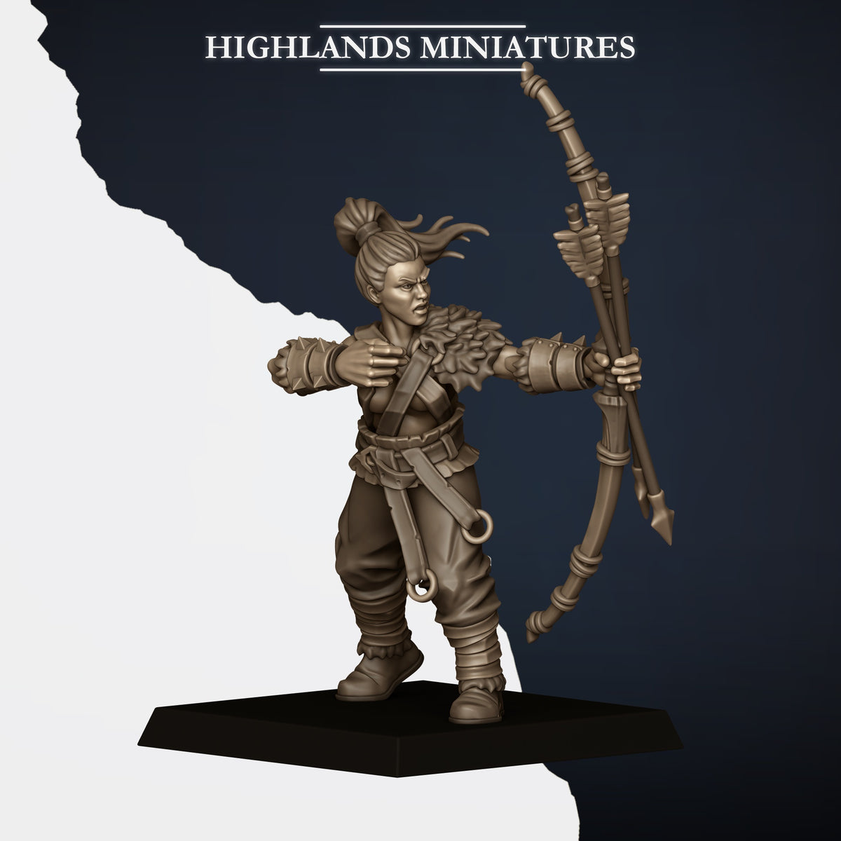 Norse Bowmen Model E, shieldmaiden loosing, ponytail, Highlands Miniatures render