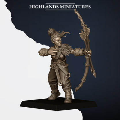 Norse Bowmen Model E, shieldmaiden loosing, ponytail, Highlands Miniatures render
