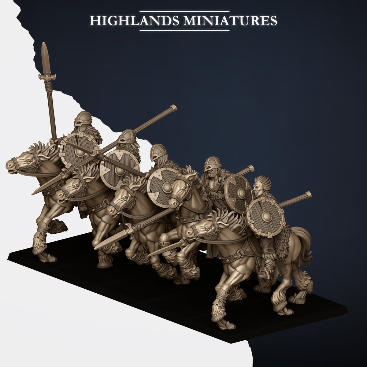 Mounted Norse Raiders with spears, three-quarter view from the left, Highlands Miniatures render