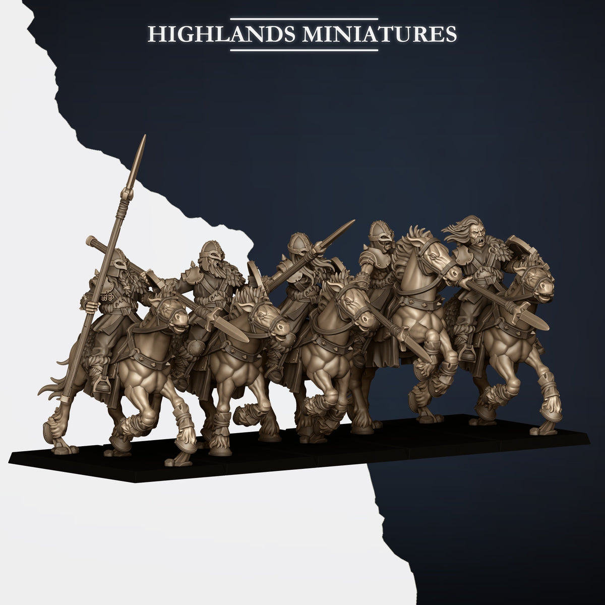 Mounted Norse Raiders with spears, three-quarter view from the right, Highlands Miniatures render