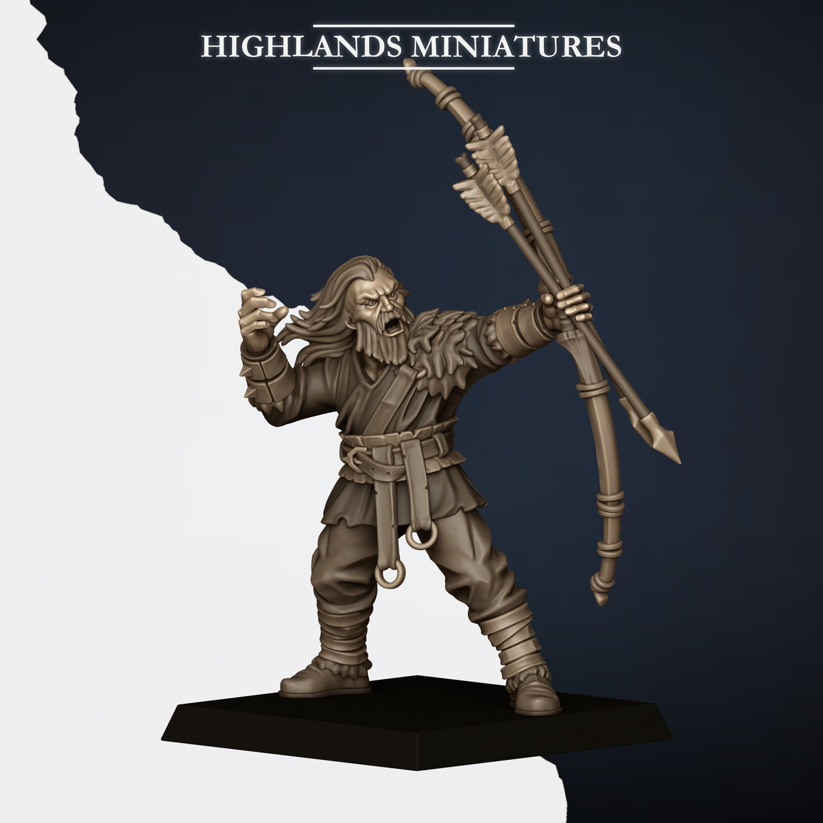 Norse Bowmen Model B, drawing, bearded, bow raised, Highlands Miniatures render