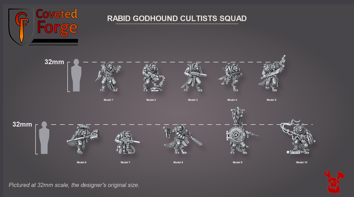 Coveted Forge scale reference: the ten Rabid Godhound Cultists, Model 1 to 10 in dropdown order, beside a 32mm human silhouette