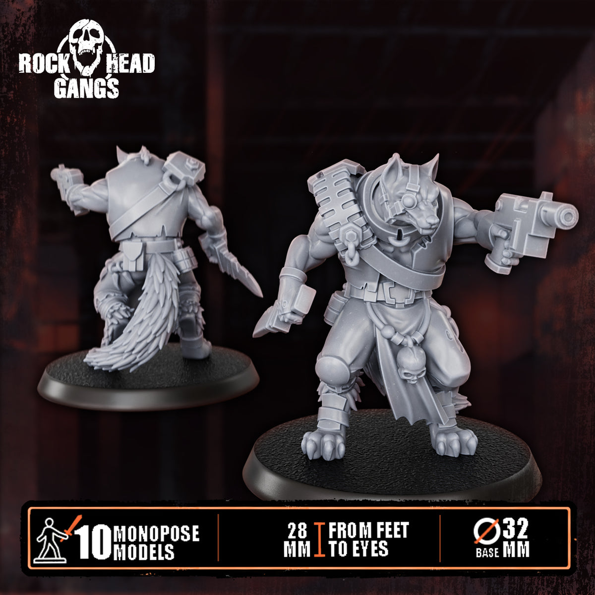 Rabid Godhound Cultists Model 1, autopistol raised and a knife, front and back, Dakka Dakka Store render