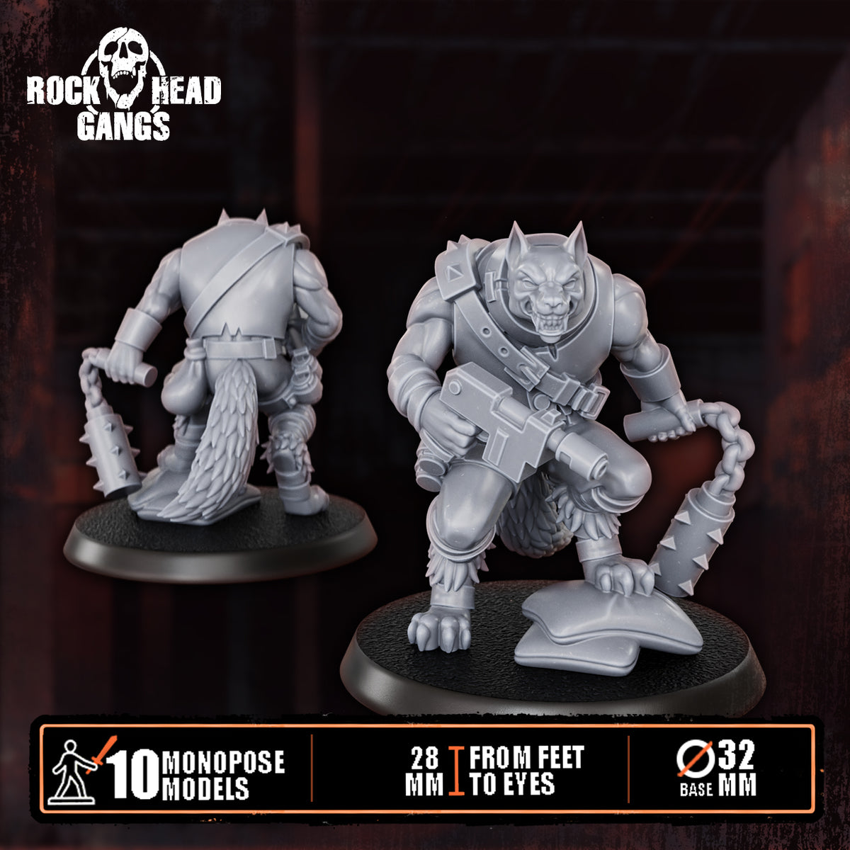 Rabid Godhound Cultists Model 2, autogun and a chain flail, foot on a rock, front and back, Dakka Dakka Store render