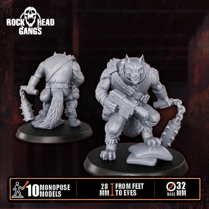 Rabid Godhound Cultists Model 2, autogun and a chain flail, foot on a rock, front and back, Dakka Dakka Store render