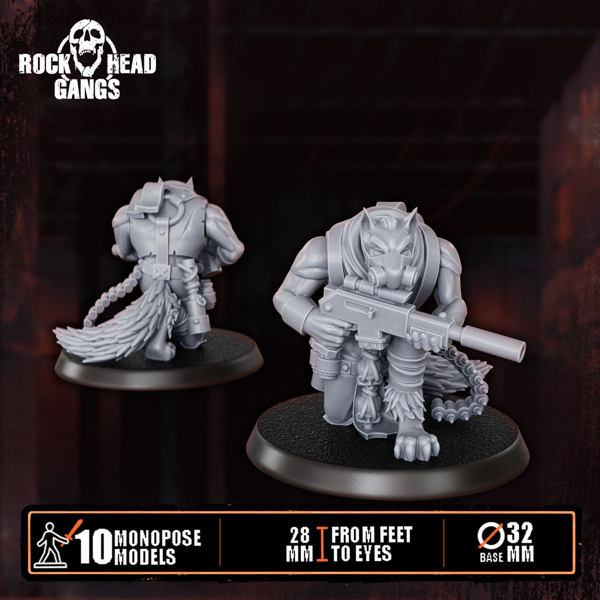 Rabid Godhound Cultists Model 3, autogun held level in both hands, front and back, Dakka Dakka Store render