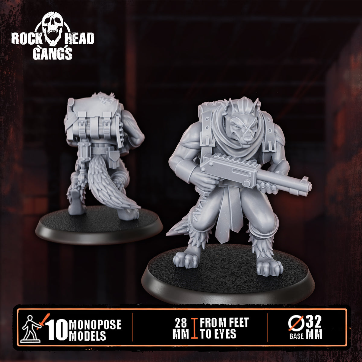Rabid Godhound Cultists Model 4, autogun held low, front and back, Dakka Dakka Store render