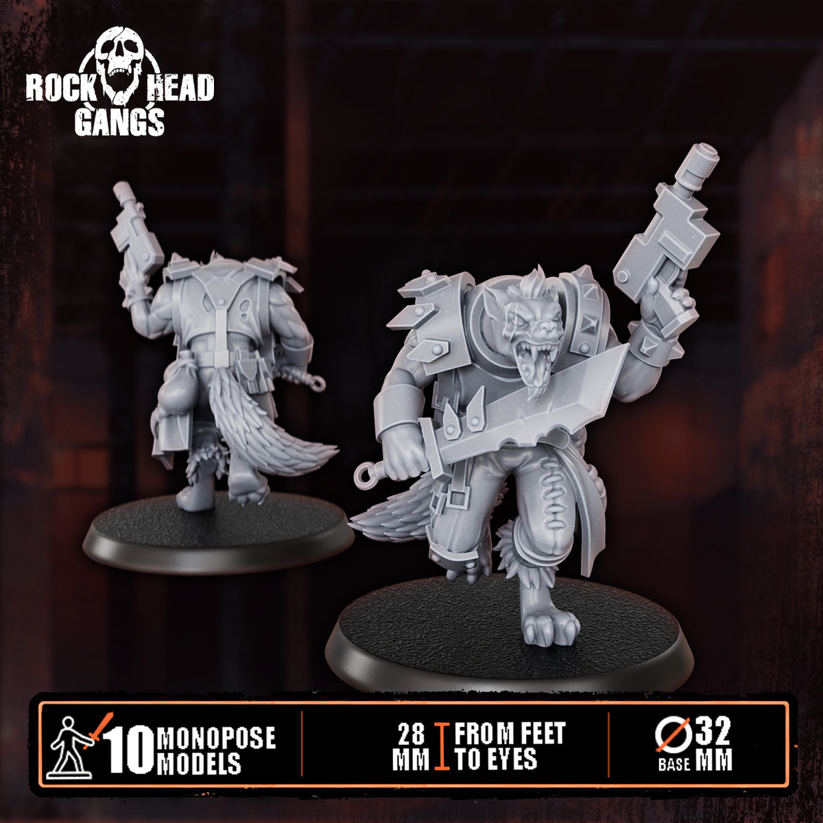 Rabid Godhound Cultists Model 5, autopistol raised high and a cleaver, front and back, Dakka Dakka Store render