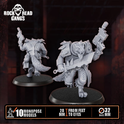Rabid Godhound Cultists Model 5, autopistol raised high and a cleaver, front and back, Dakka Dakka Store render